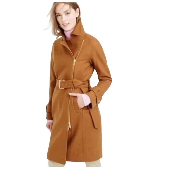 J. Crew Camel Italian Melton Wool Belted Wrap Coat With Zip Closure Women's - Picture 1 of 16